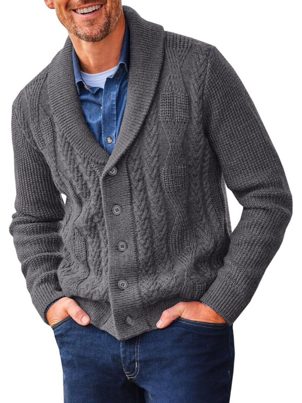 🆕Men's Dark Grey Shawl Collar Cardigan Sweater Cable Knit Casual Winter Outwear